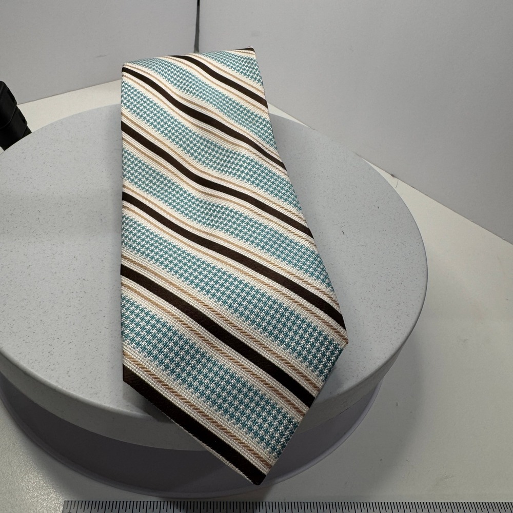 Altea Milano‎ Men's Striped Silk Necktie Teal Brown Beige Woven – One Size